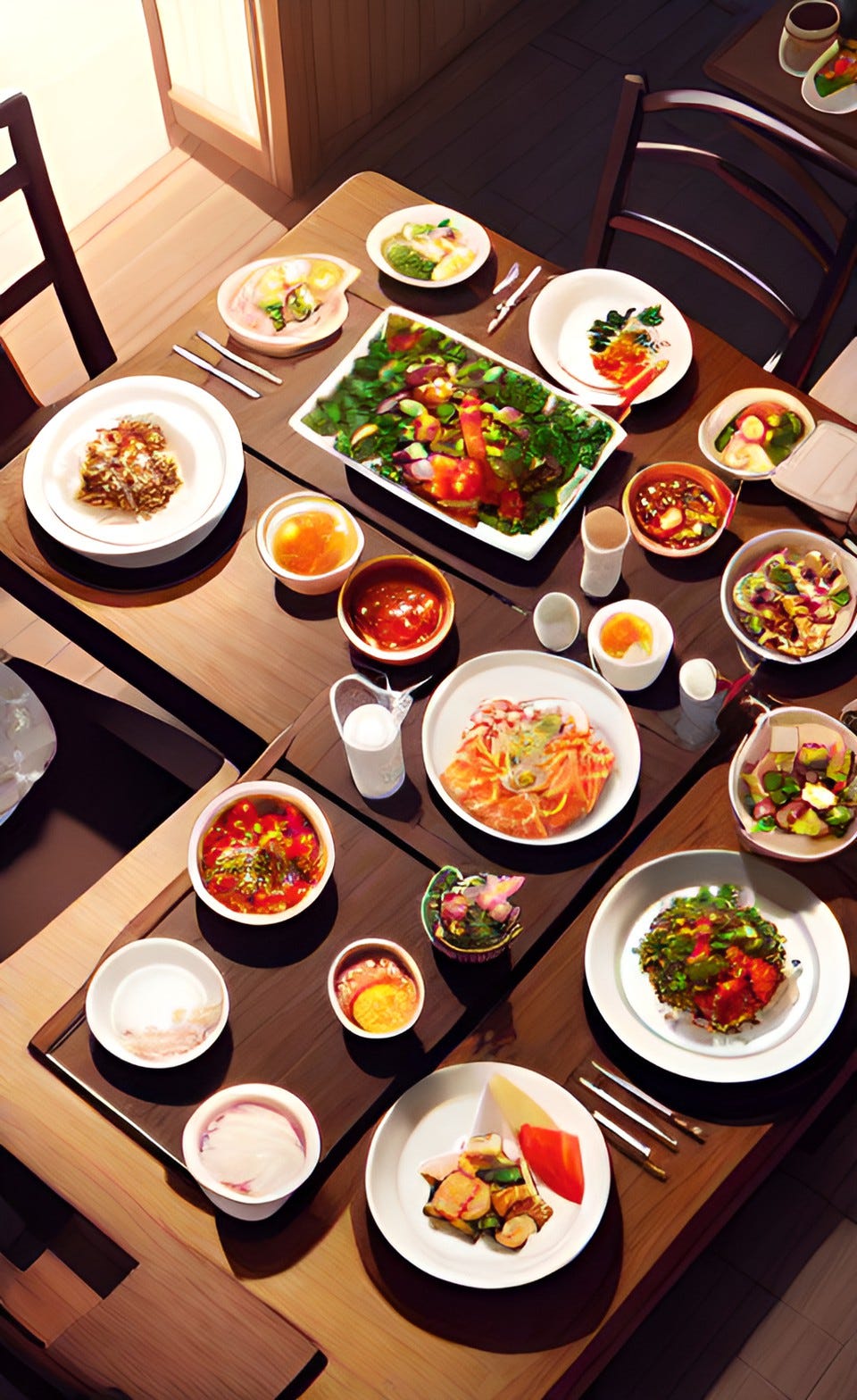 overhead AI image of a table set full with food
