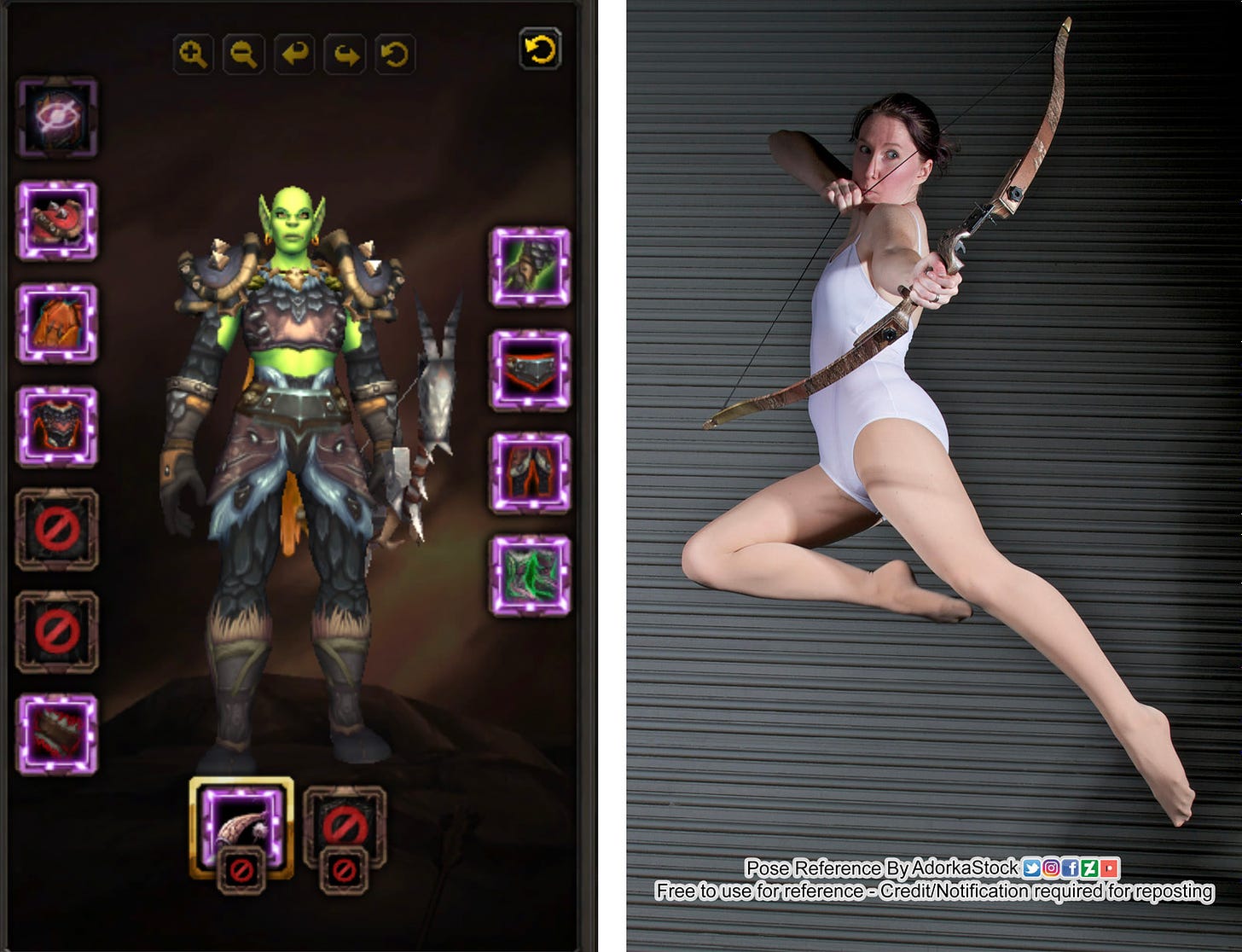 Left photo: World of Warcraft in-game character screen showing a female orc hunter dressed in her leather armour with a spiked hunting bow. Right photo: A woman in a white leotard gracefully leaping through the air and miming firing a bow.