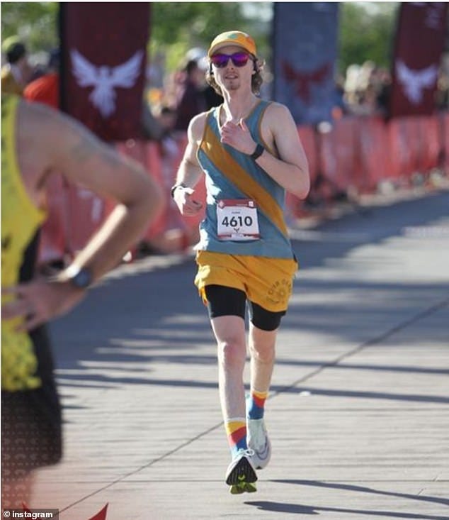 Pierre Lipton, 26, of Providence, Rhode Island, (pictured moments before he collapsed) completed the Meza Marathon in 3 hours, 10 minutes, and 5 seconds on February 4, just 15 minutes before his girlfriend and 'love of his life' Eleanor Pereboom.