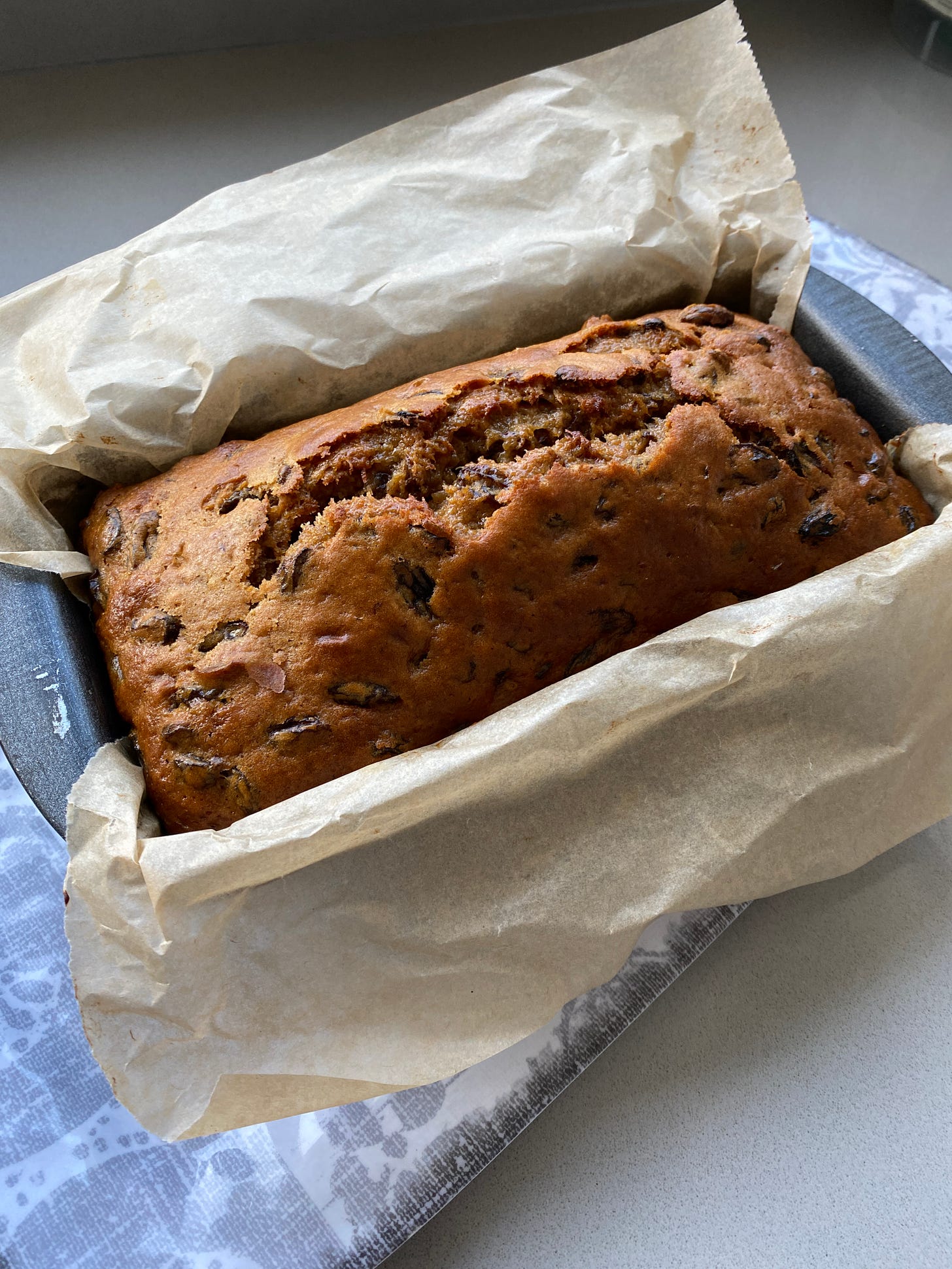 Fruit Tea Loaf in a baking tin.