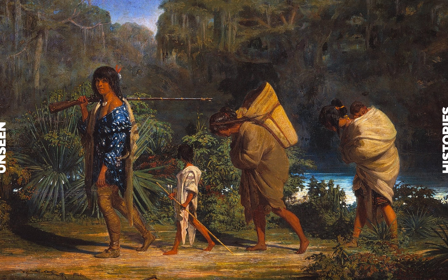 Painting from 1847 depicts three women and a child of the Quapaw tribe walking along a bayou. Lead figure holds a musket.