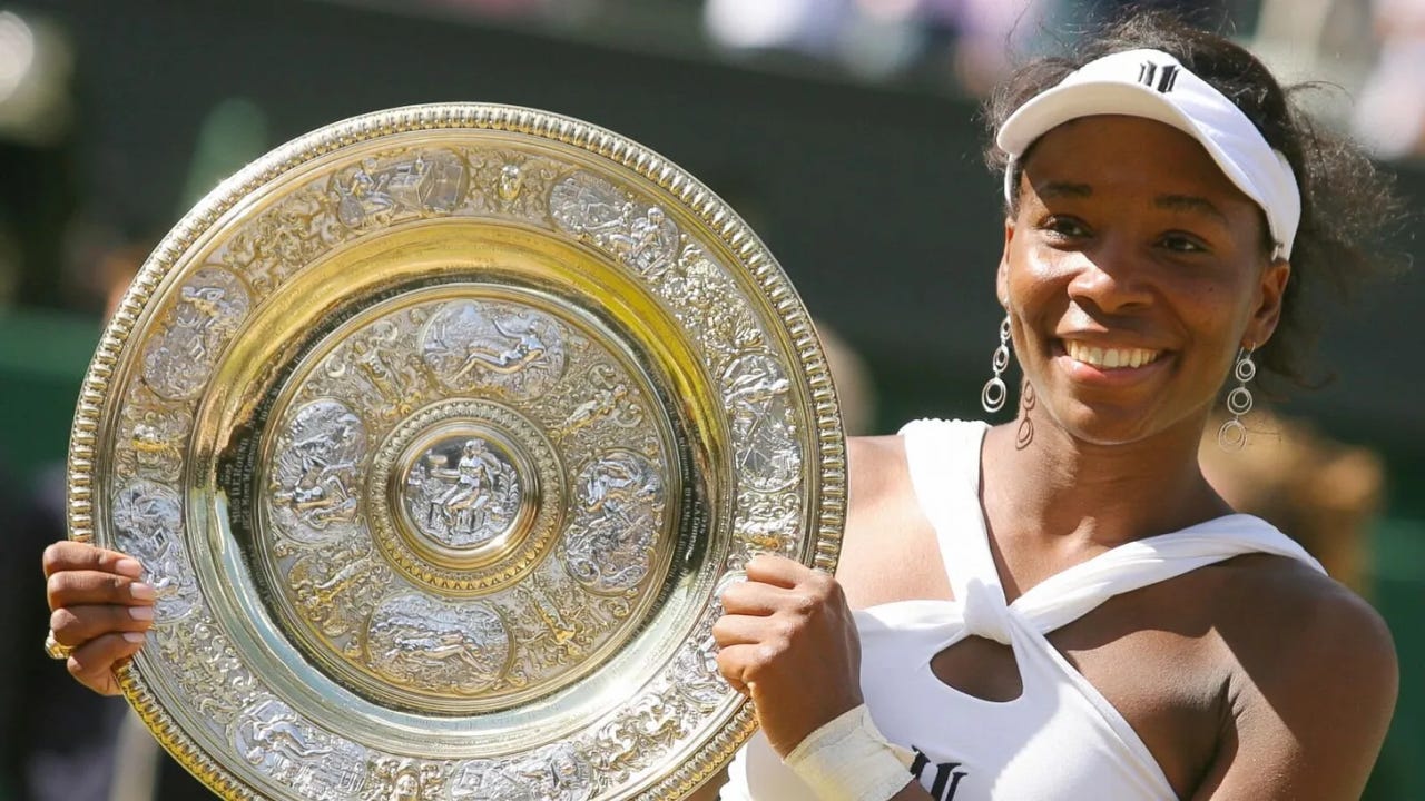 Venus Williams celebrating a Wimbledon victory