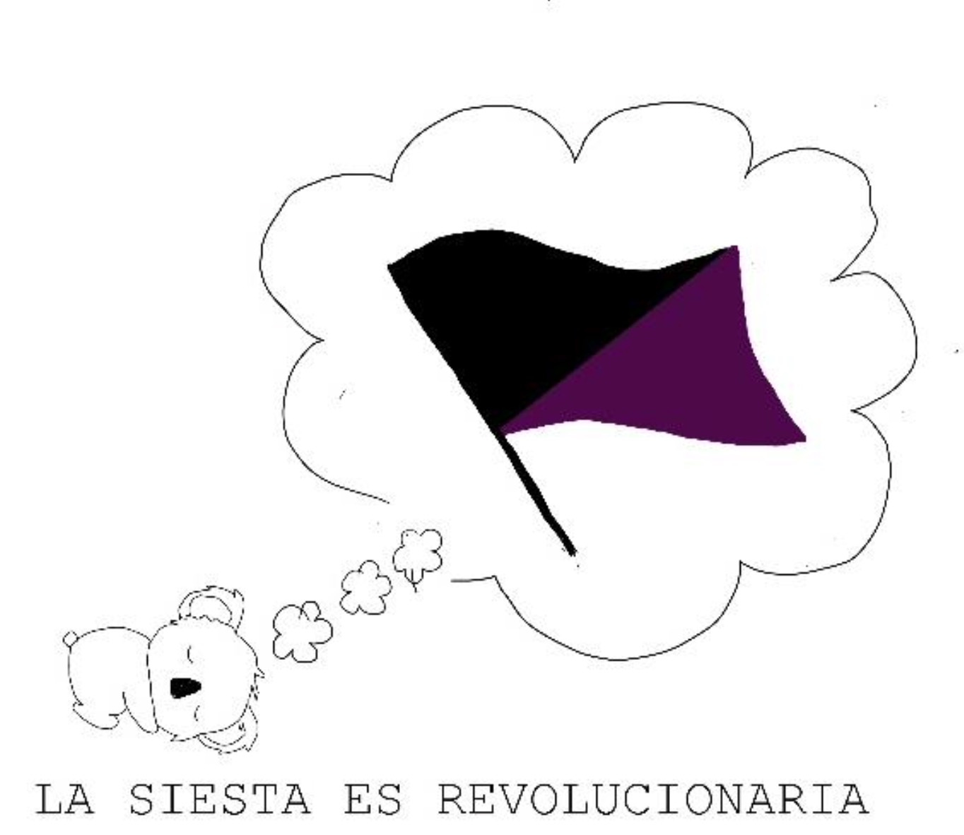 A koala bear taking a nap, dreams of a black and burgundy flag, the text reads: la siesta es revolutionaria