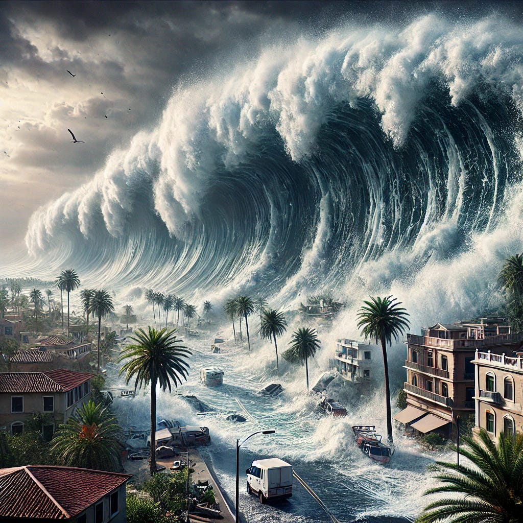 A hyper-realistic depiction of a colossal 30-meter tsunami crashing onto the northern coast of Crete. The wave, towering above buildings, smashes into coastal towns, submerging roads and sweeping away boats. Massive amounts of seawater engulf palm trees, while debris is carried inland. The sky is stormy and dark, with powerful winds and ocean spray filling the air. The scene captures the immense force of nature, with churning water, foam, and destruction.