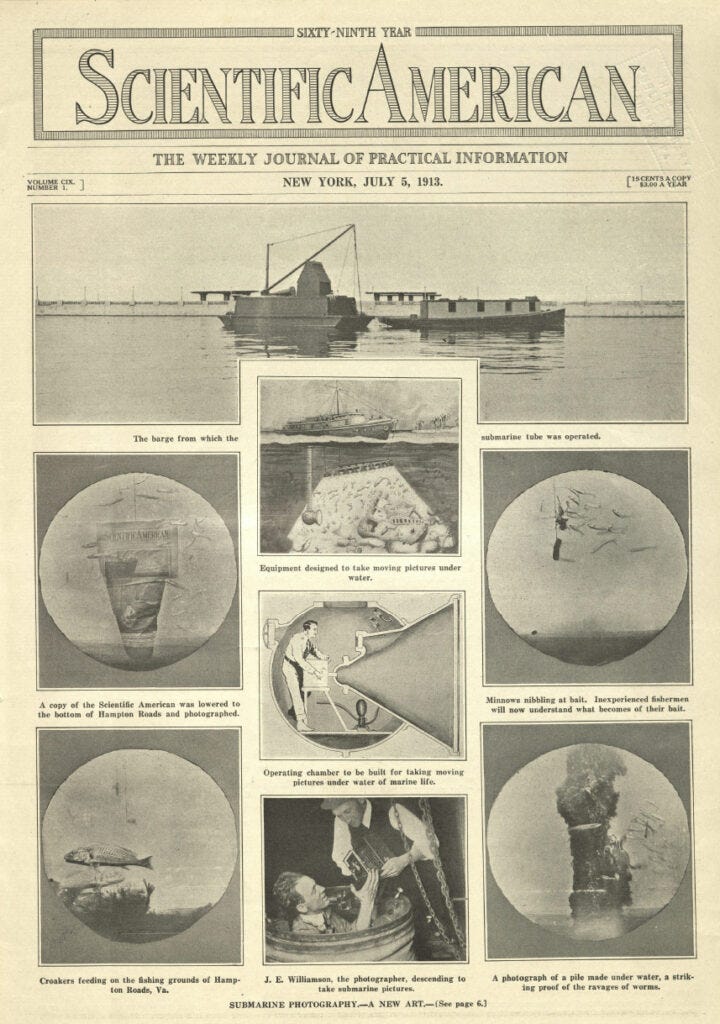 A page from a 1913 Scientific American explaining the operation of the Williamson brothers' underwater filming aparatus in a series of eight photographs