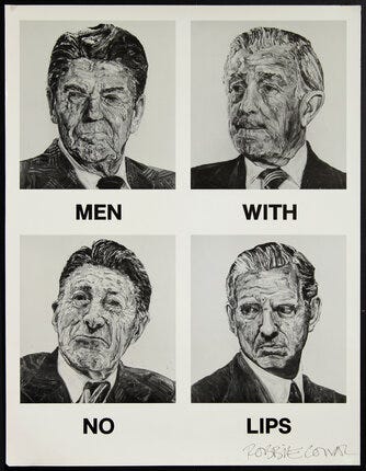 Men With No Lips - Signed (Ronald Reagan, Caspar Weinberger, Donald Regan, James Baker) | Original Vintage Poster | Chisholm Larsson Gallery Men With No Lips - Signed (Ronald Reagan, Caspar Weinberger, Donald Regan, James Baker) | Original Vintage Poster | Chisholm Larsson Gallery