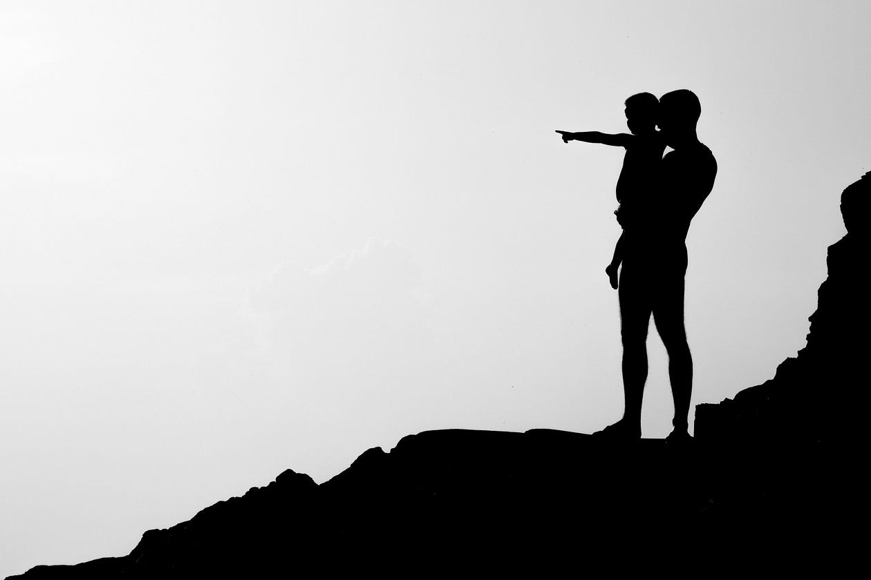 A parent standing on a rock holding a child on his arm, which points into the distance