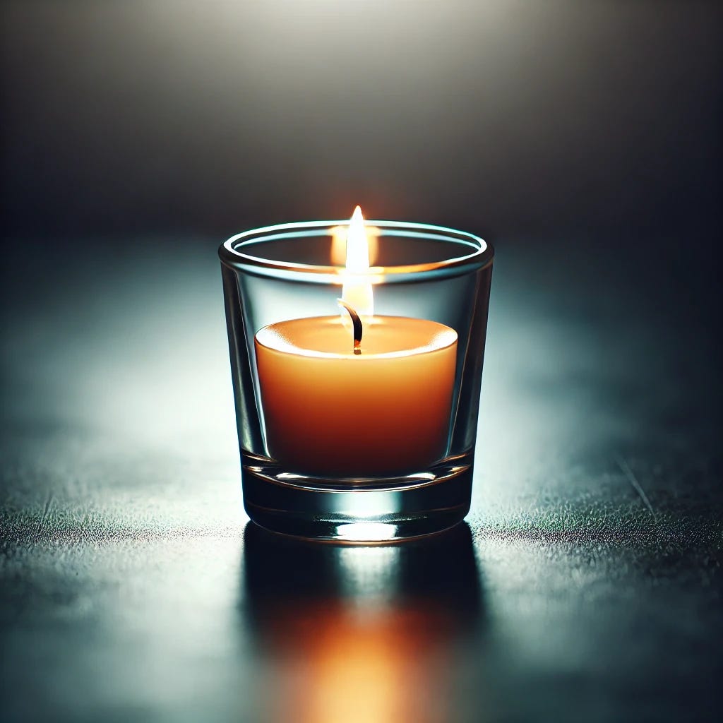 A single small votive candle in a clear glass holder, with a soft golden flame glowing brightly. The candle sits on a reflective surface, creating a gentle light reflection, and is set against a dark background to emphasize its warmth and symbolism of prayer and remembrance. The scene is serene and minimalistic, evoking a sense of reverence and quiet reflection.