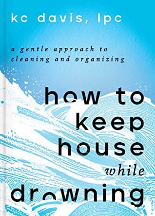 cover of "how to keep house while drowning" which is light blue with some abstract looking waves in white 