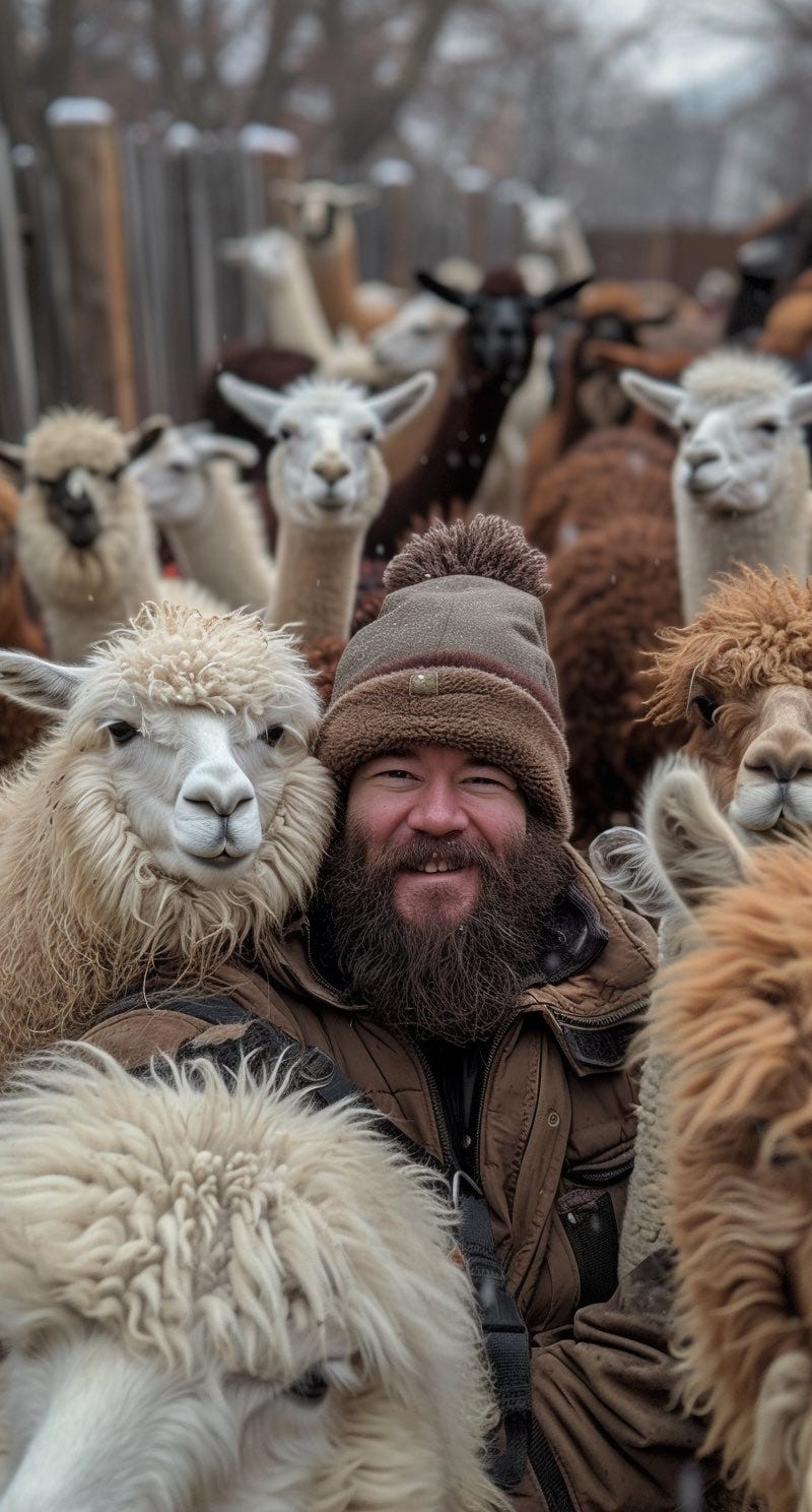 Well, you asked for Llamas!

Prompt: a bearded man is taking a selfie next to llamas, in the style of wormcore, tony sandoval, thriftcore, rollei prego 90, humor meets heart, seth macfarlane, webcam photography --ar 69:128 --v 6

Midjourney Art, Midjourney description 

@Victor_Letts