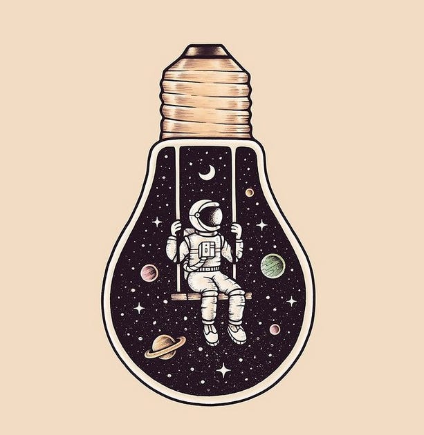 Ilustração digital de uma lampada. dentro dela tem o univerno, e um balanço, onde senta um astronauta