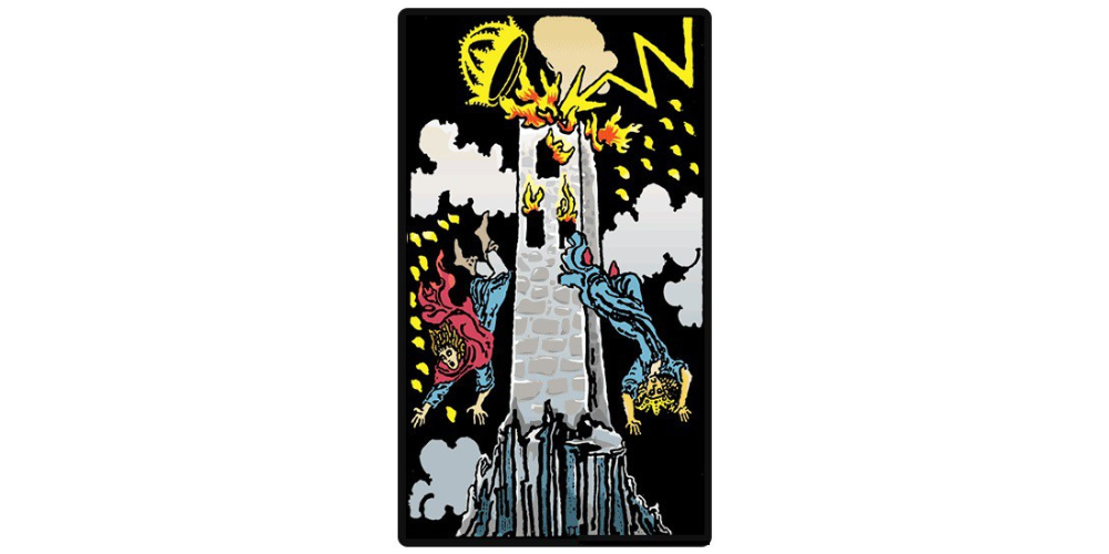 The tower tarot card from the Rider Waite/Coleman Smith deck. Description follows in text.