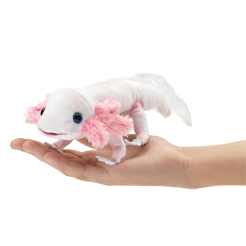 Light pink stuffed axolotl (salamander) on a white background displayed on a light-skinned hand