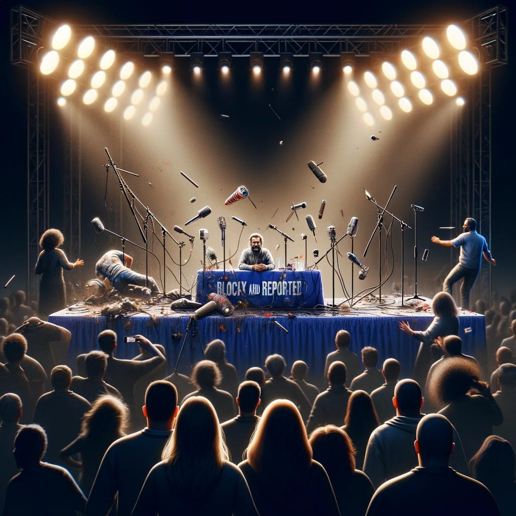 A photorealistic image of a live show with the podcast 'Blocked and Reported' where everything goes horribly wrong. The stage is in disarray, with microphones and podcasting equipment knocked over. The hosts look shocked and distressed, trying to handle the situation. The audience is in chaos, with people standing, shouting, and some trying to leave. The lighting is erratic, with some spotlights flickering. The backdrop with the show's name is partially torn. The atmosphere is tense and chaotic, reflecting a disastrous turn of events.