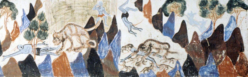 A portion of a cave painting showing a main jumping off a cliff and being eaten by tigers