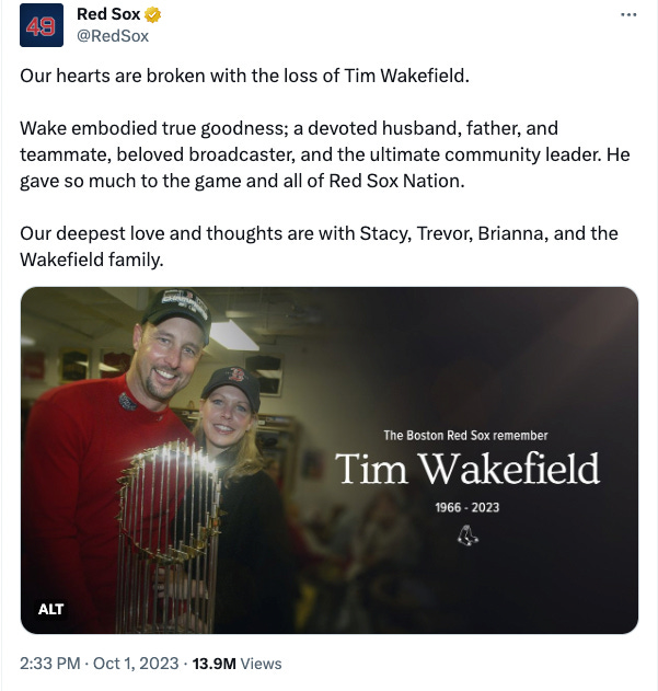 A screenshot of a tweet from @RedSox announcing the death of pitcher Tim Wakefield.
