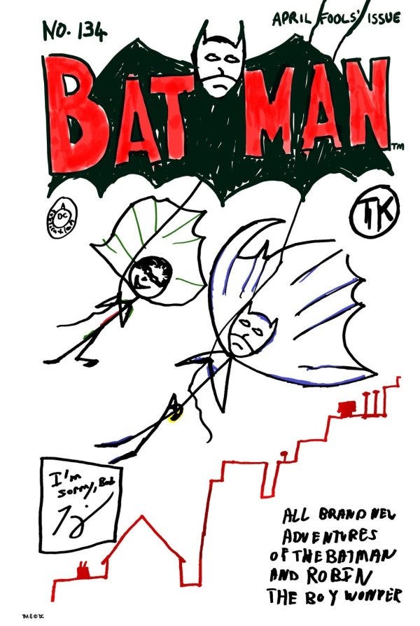 A poorly drawn Batman cover featuring Batman and Robin swinging over rooftops. The characters are stick figures. The logo is a hand-drawn Bat symbol. The cover is an homage to Batman #1 from 1940.