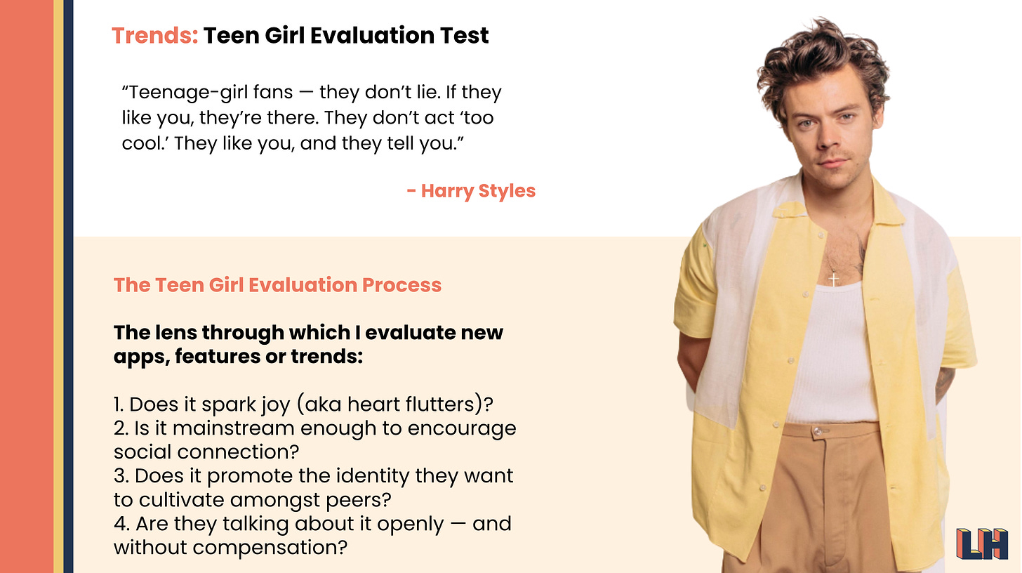 Slide from a presentation that's titled Teen Girl Evaluation Test and has a picture of Harry Styles who has been vocal about the support he gets from teenage girls and why they're some of the most valuable fans to have.