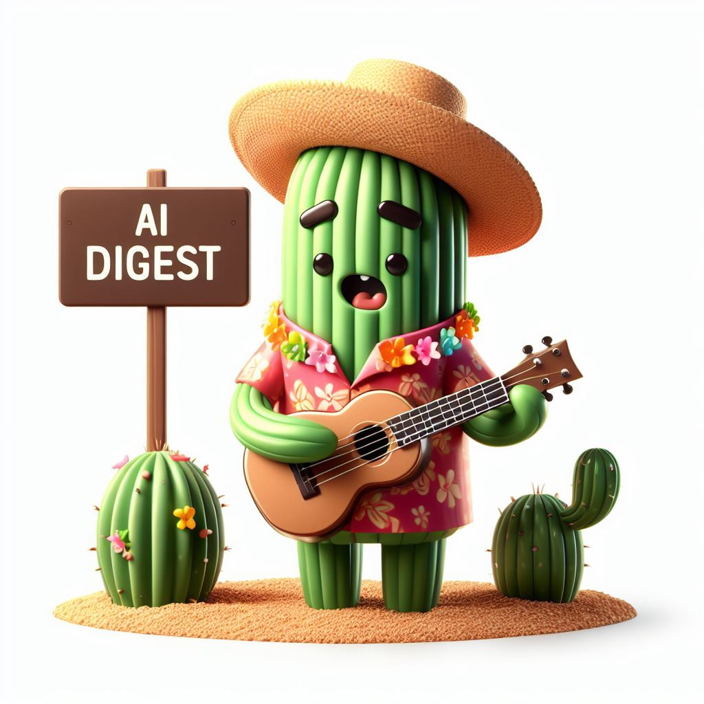 A cactus wearing a Hawaiian shirt and playing a ukulele with a sign that says: "AI Digest"