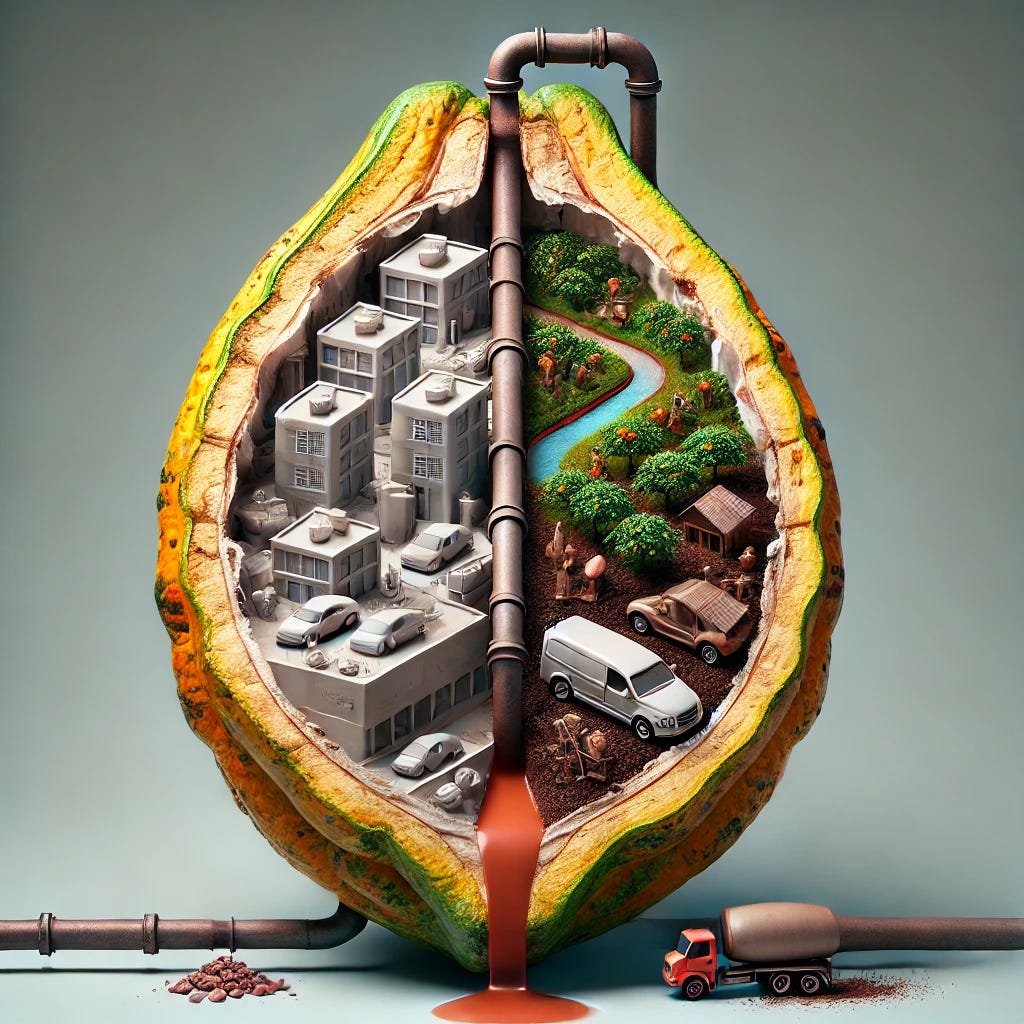 A hyper-realistic and highly detailed image of a cocoa pod broken into two halves. One half is filled with luxuries, such as expensive cars, houses, and other items representing the wealth enjoyed by chocolate company owners. The other half depicts the poor livelihoods of cocoa farmers and their families, showing them in a state of poverty. A pipeline connects the two halves, draining resources from the poor farmer's side into the luxurious side of the pod. The background is simple to emphasize the stark contrast and the details within the cocoa pod.