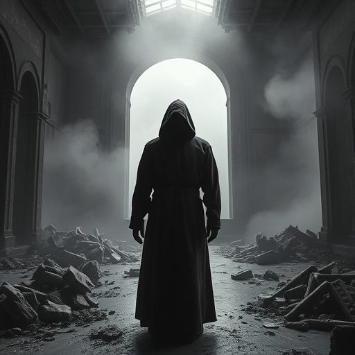 A dark, robed and hooded figure stands in the ruins of an interview room, backlit by light from an arched window in the background.