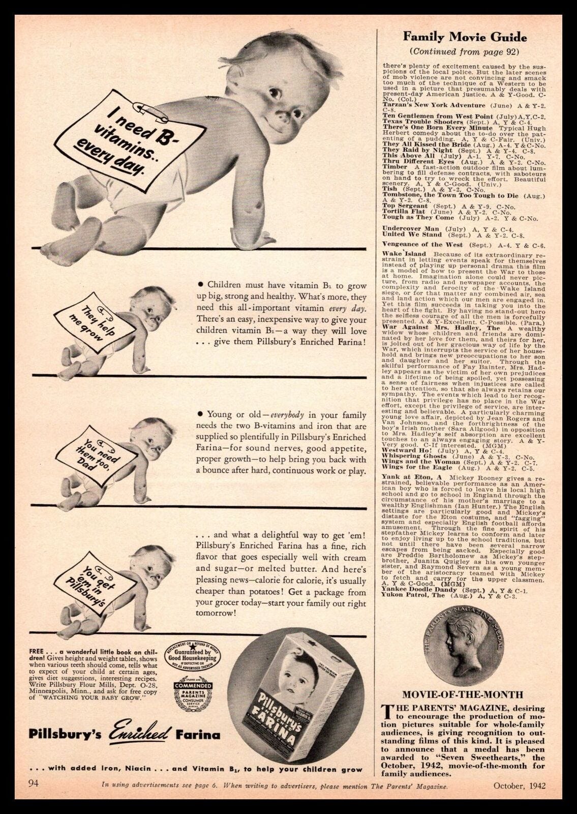 1942 Pillsbury Flour Mills Enriched Farina Baby Cereal Box Vintage Print Ad  – Tacos Y Mas