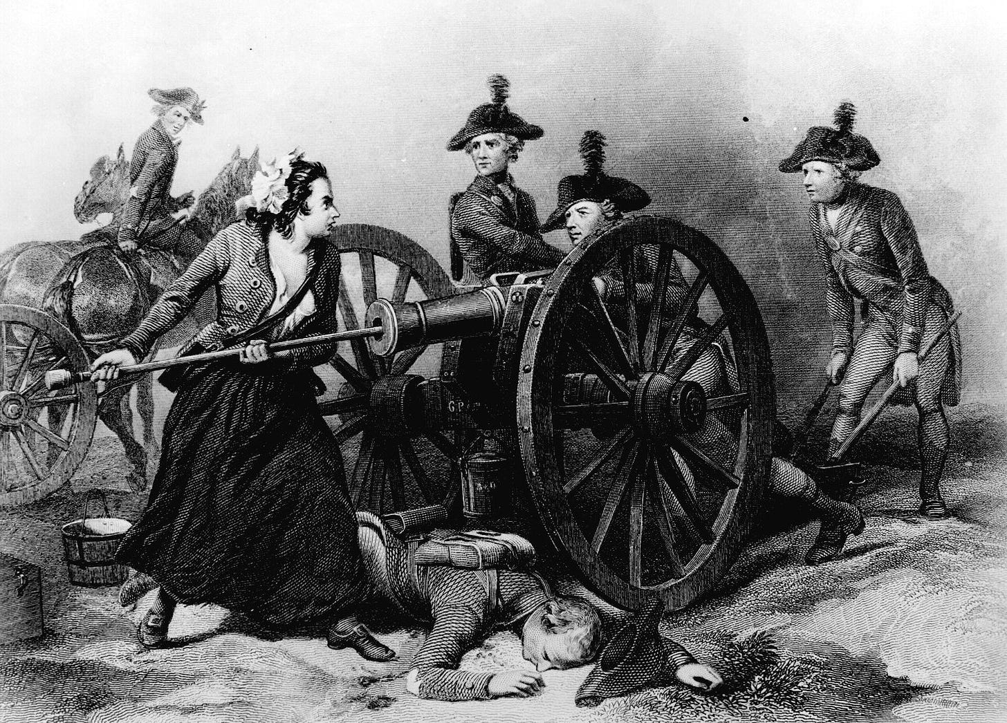 Image shows Alonzo Chappel's engraving of Molly Pitcher ramming a cannon while her dead husband lies underfoot.