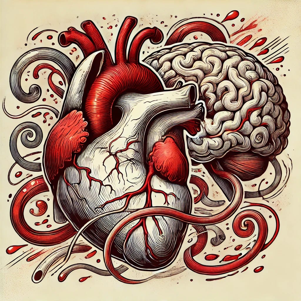 A highly abstract illustration inspired by the concepts of the heart, brain, and carotid arteries in a vintage inked style. The design is more abstract, with flowing, organic shapes that suggest the forms of the heart, brain, and arteries but are distorted and unrecognizable. The color palette is dominated by varying shades of red, with intricate inked lines and shading creating a textured, artistic effect. The overall look is dynamic and fluid, pushing the boundaries of anatomical abstraction.