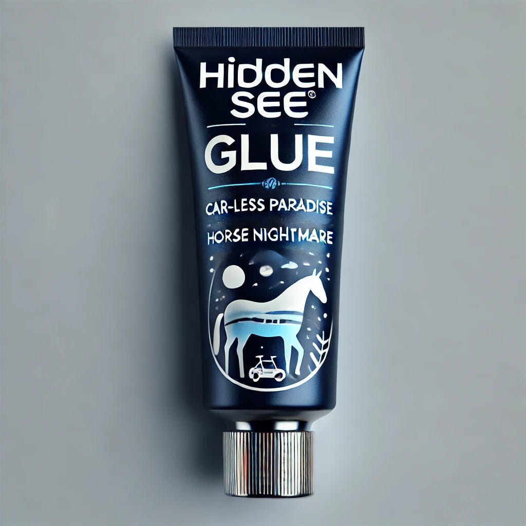 A sleek, modern tube of glue labeled 'Hiddensee Glue.' The tube is deep blue with white and silver accents. The brand name 'Hiddensee Glue' is prominently displayed in stylish, minimalist typography. Below it, the tagline reads: 'Car-less paradise, horse nightmare.' The design features a subtle, stylized silhouette of a horse in distress, blending into the background. A small island map illustration is also present, with a bicycle icon to emphasize the 'car-less' theme. The cap is silver or transparent, adding to the premium look.