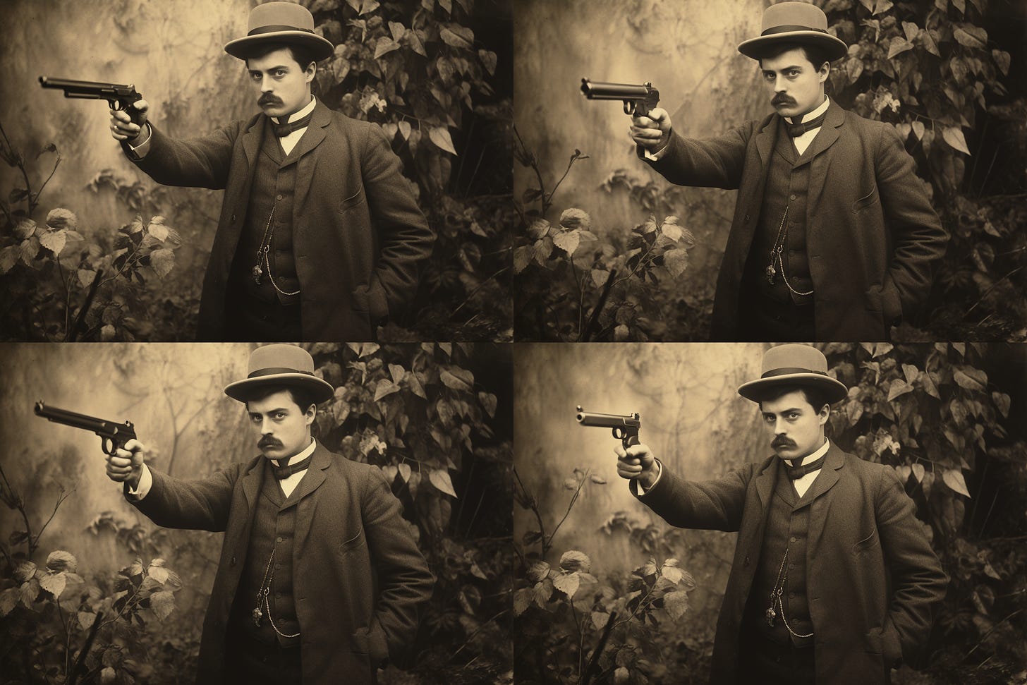 4-image grid with variations of the original Victorian man with a gun