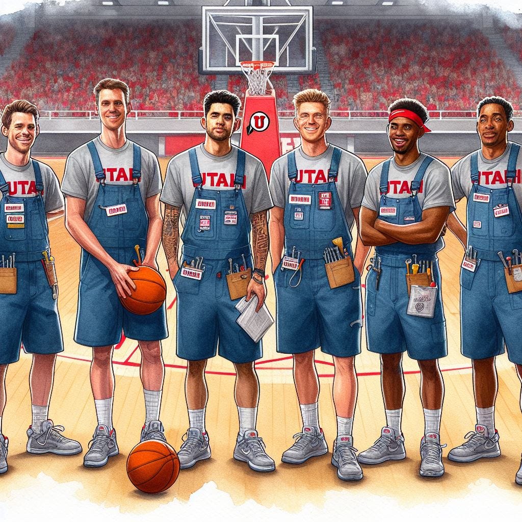 University of Utah basketball players on a court in mechanic/work shirts with name tags, watercolor