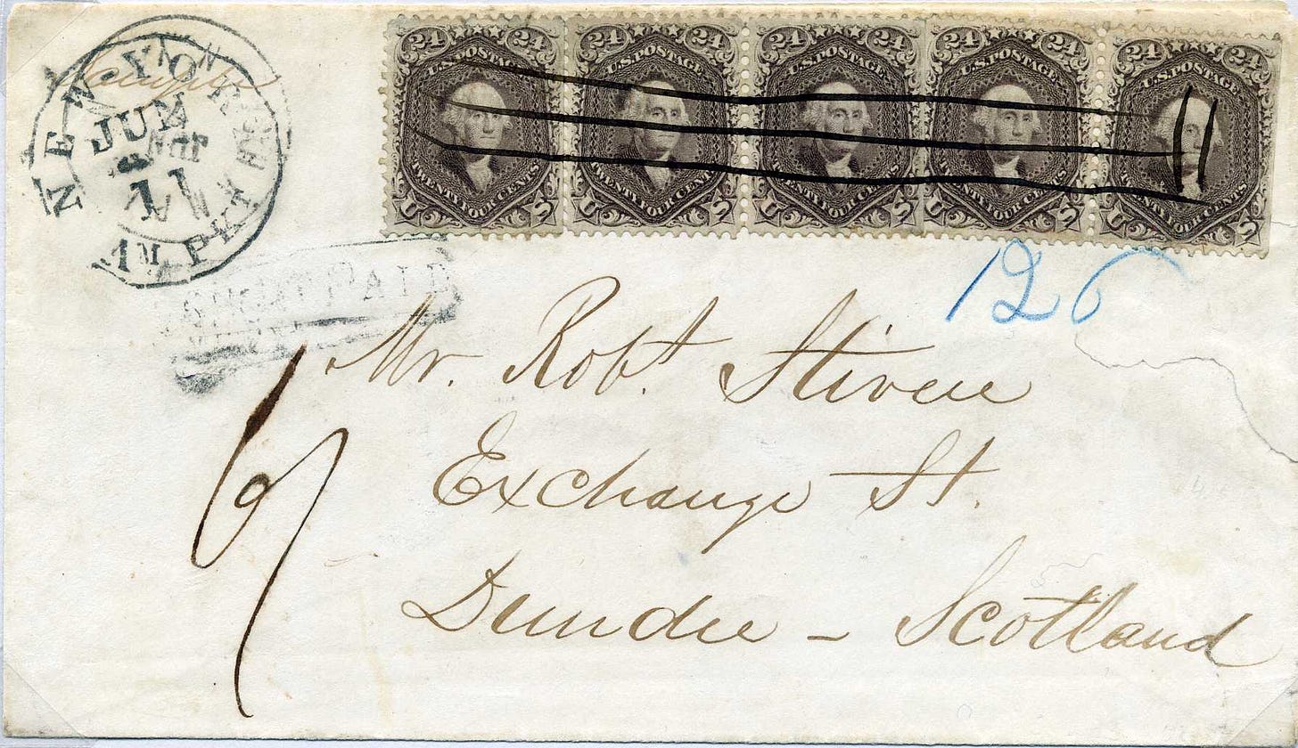 1864 envelope with $1.20 in postage