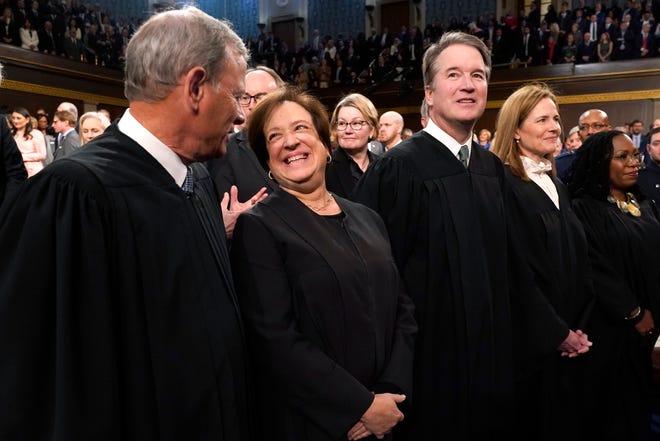 Chief Justice of the United States John Roberts and Justices Elena Kagan, Brett Kavanaugh, Amy Coney Barrett and Ketanji Brown Jackson arrive before President Joe Biden delivers the State of the Union address on March 1, 2023.