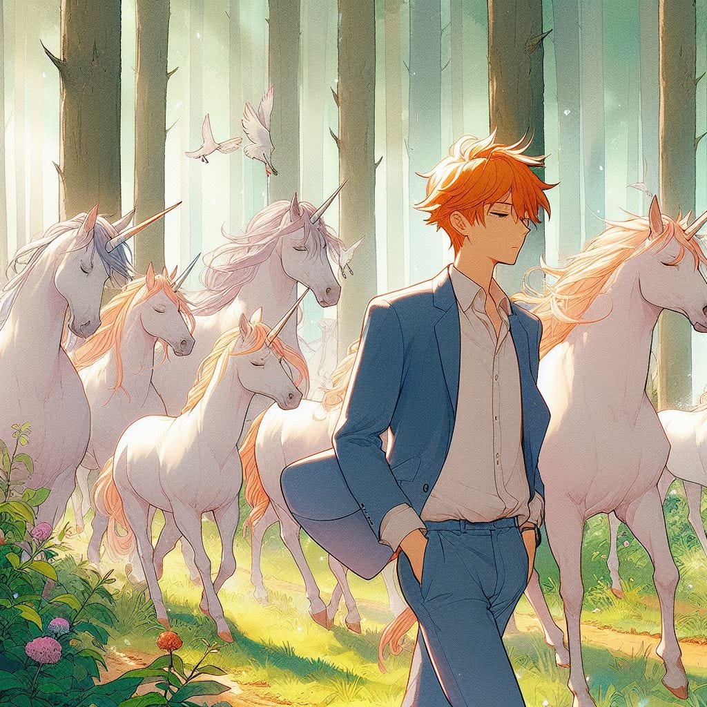 Man with unicorns. Image by Bing.