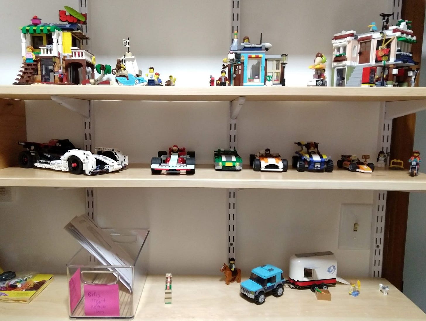 Lego homes, cars, pirate ship, motos, and horse trailer scene. Plus my bills box.