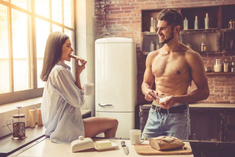 sexy man women having morning after sex breakfast topless