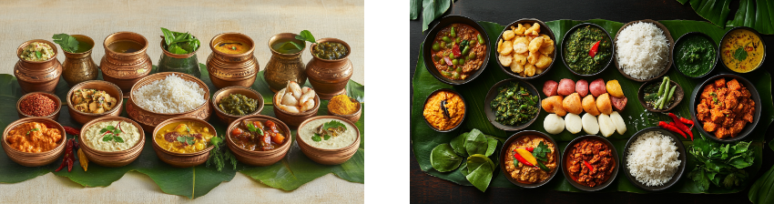 Two elaborate displays of traditional South Indian meals: the left shows a variety of dishes served in rustic clay pots arranged on a banana leaf, including rice, curries, pickles, and vegetables. The right features a colorful spread on a dark background, with multiple bowls of rice, curries, stir-fried vegetables, and chutneys, all artfully presented on banana leaves, highlighting a rich and diverse assortment of flavors.