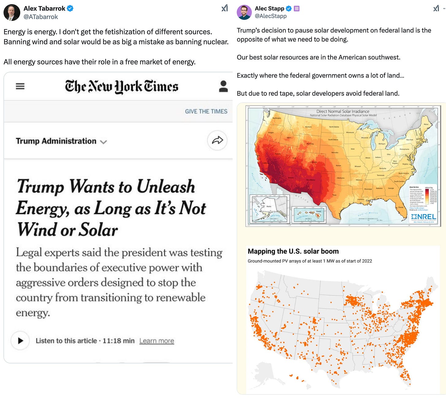   See new posts Conversation Alec Stapp  @AlecStapp Trump’s decision to pause solar development on federal land is the opposite of what we need to be doing.  Our best solar resources are in the American southwest.  Exactly where the federal government owns a lot of land…  But due to red tape, solar developers avoid federal land.