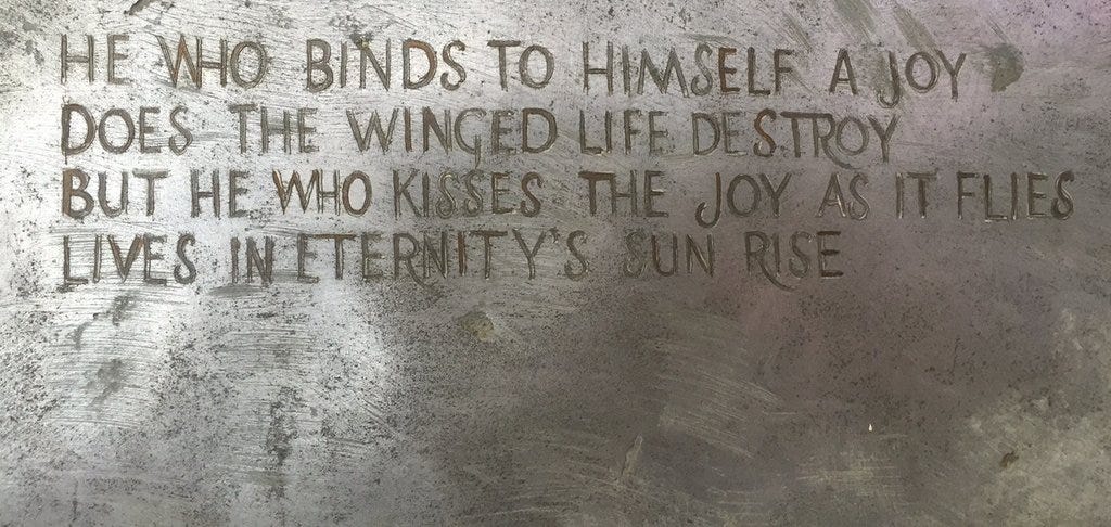 grey wall with words: He who binds himself to a joy does the winged life destroy but he who kisses the joy as it flies lives in Eternity's true sunrise