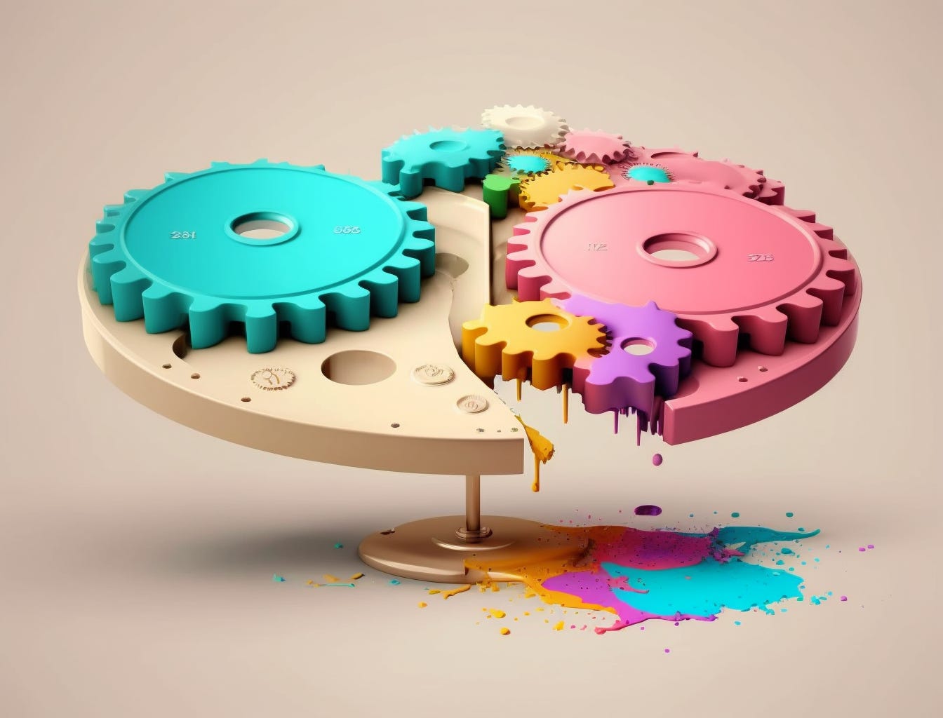 illustration of cogs and gears in full color with paint dripping off the front.