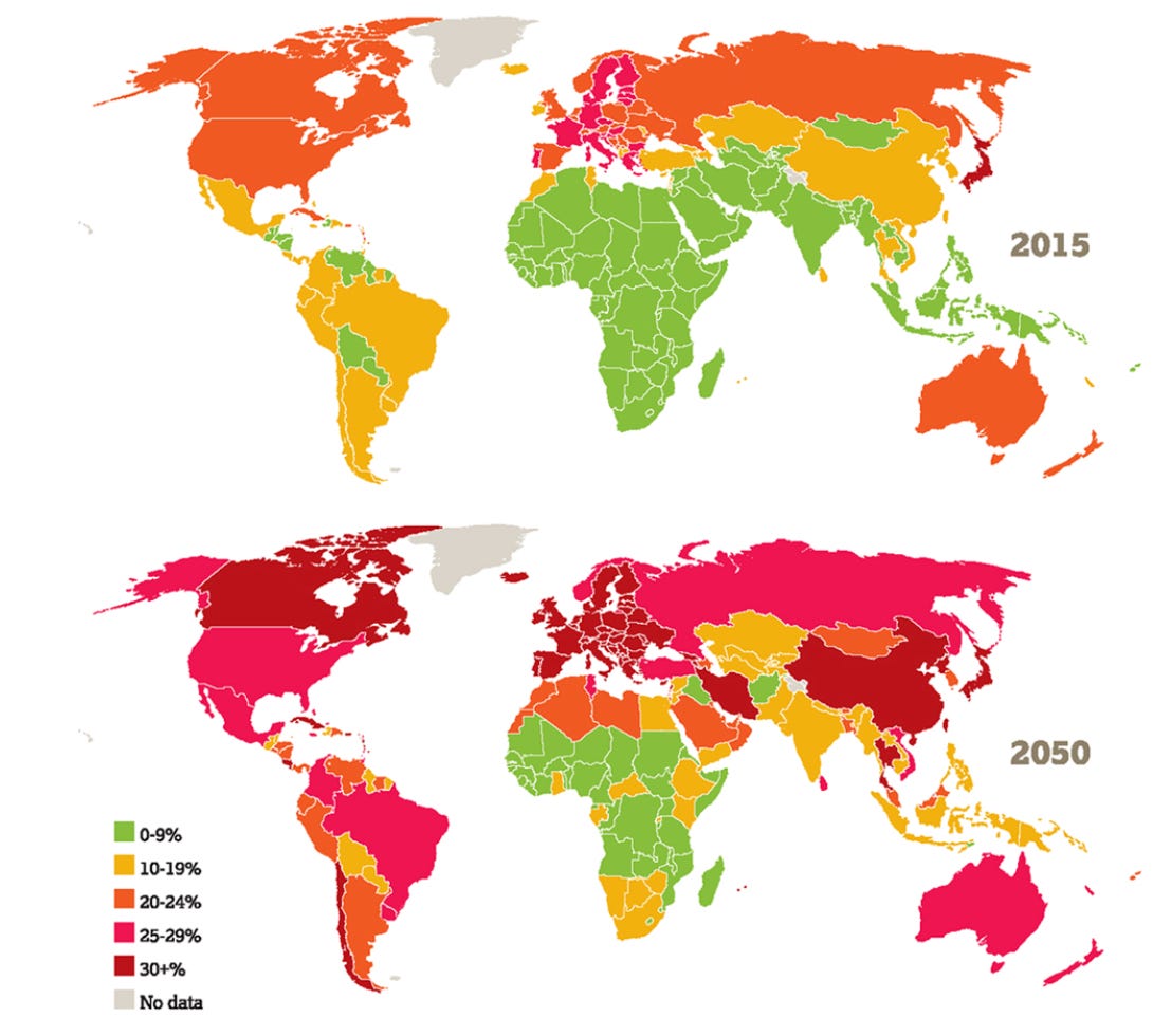 proportion de la population âgée de 60 ans ou plus en 2014 et 2050 - Global Age Watch Index 2015, HelpAge