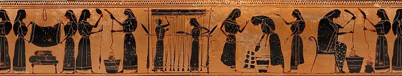 Color image of a Greek black figure vase unrolled to show women weaving