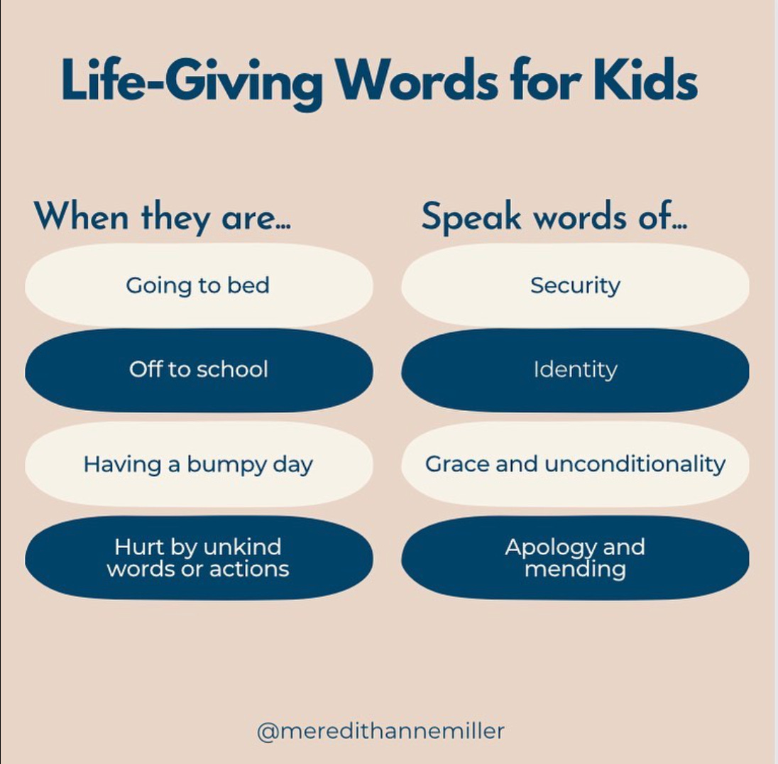 An instagram graphic reads: Life-Giving Words for Kids: When they are... going to bed, Speak words of... Security/Off to school... Identity/Having a bumpy day.... Grace and unconditionality/Hurt by unkind words or actions.... Apology and mending"