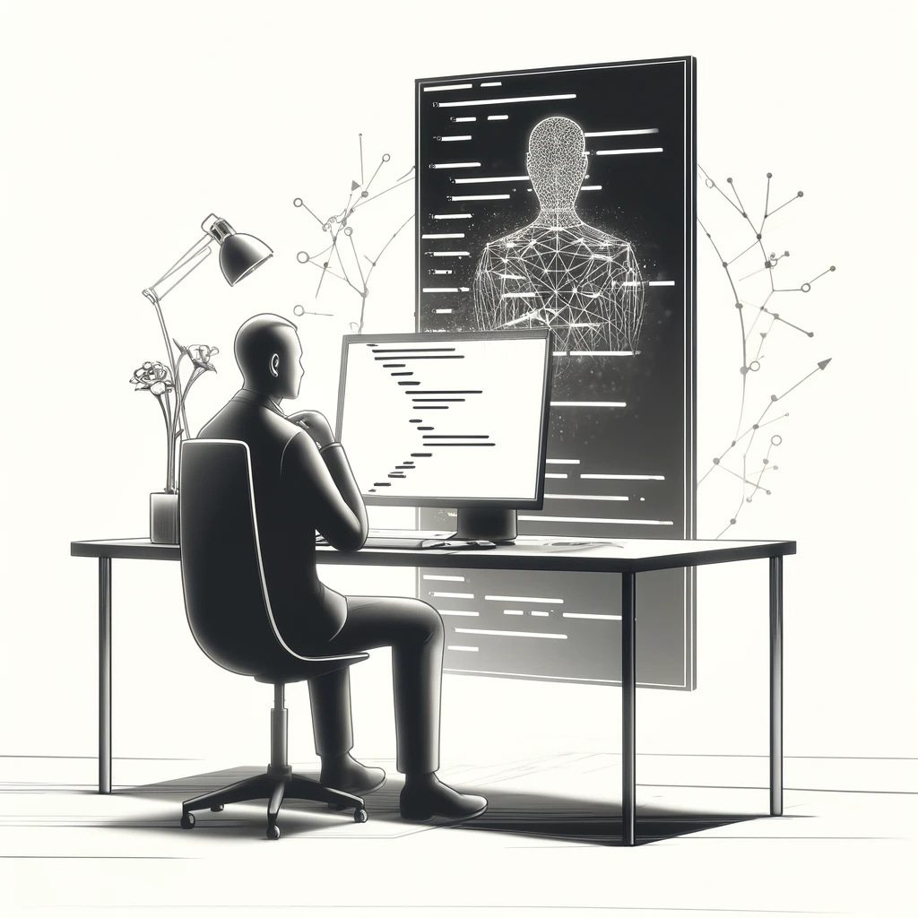 A minimalist drawing in grayscale on a white background depicting the integration of artificial intelligence in application development. The image shows a lone figure, representing a developer or entrepreneur, sitting at a modern, streamlined desk with a large, sleek monitor displaying code. Abstract symbols of AI, like neural networks or circuit patterns, subtly float around the workspace, symbolizing the fusion of human creativity and AI technology. This illustration captures the essence of a future where AI assists in creating ambitious projects with smaller teams.