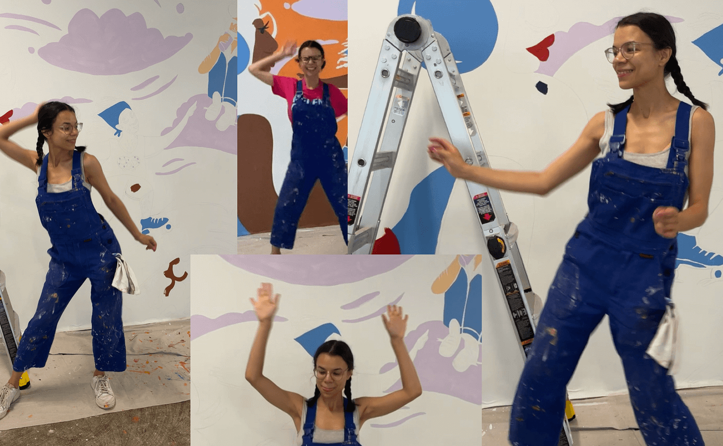 A goofy collage of Cindy dancing in front of her mural at different levels of mural completion