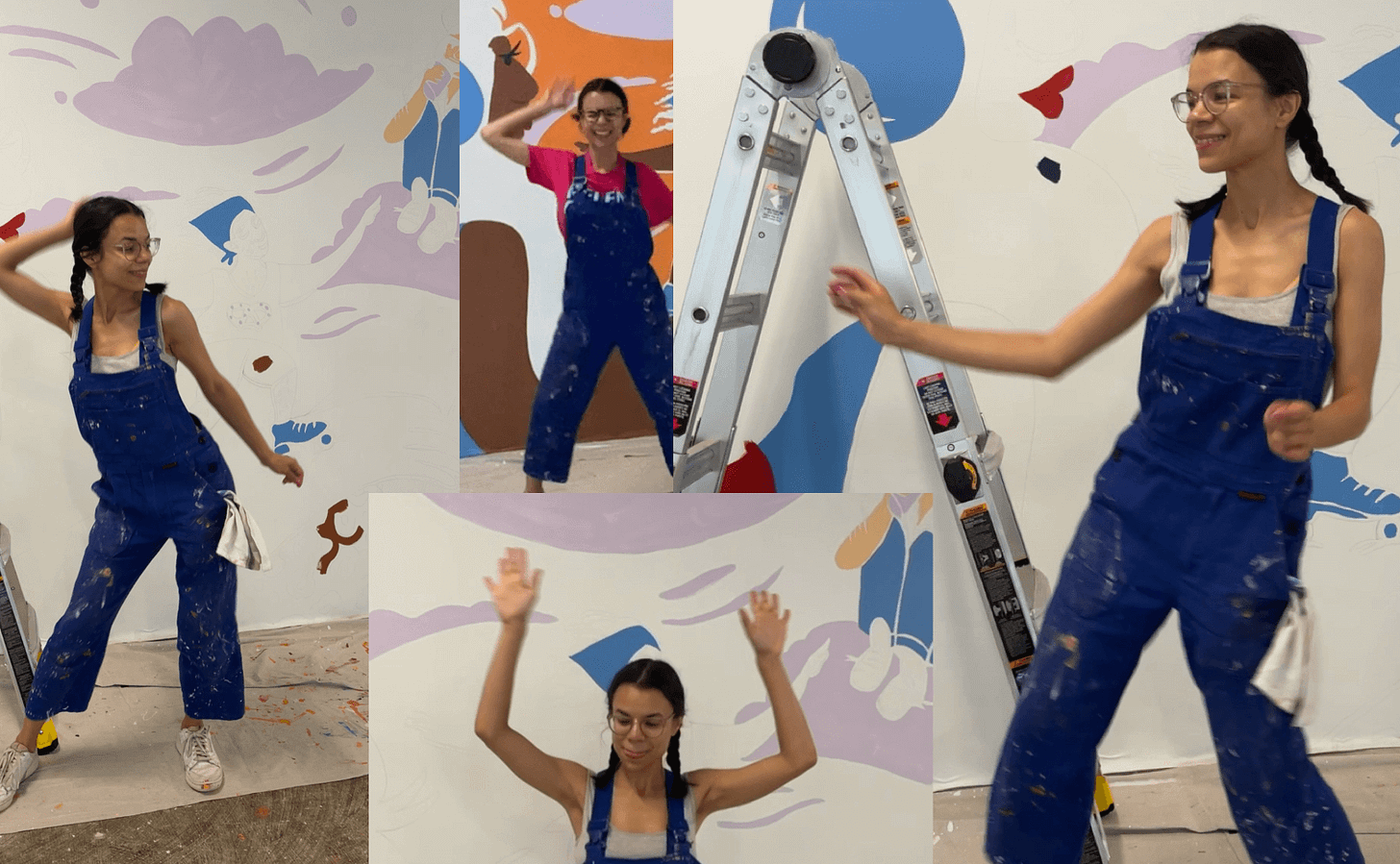 A goofy collage of Cindy dancing in front of her mural at different levels of mural completion