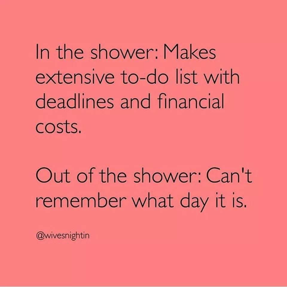 May be an image of text that says 'In the shower: Makes extensive to-do list with deadlines and financial costs. Out of the shower: Can't remember what day it is. @wivesnightin'