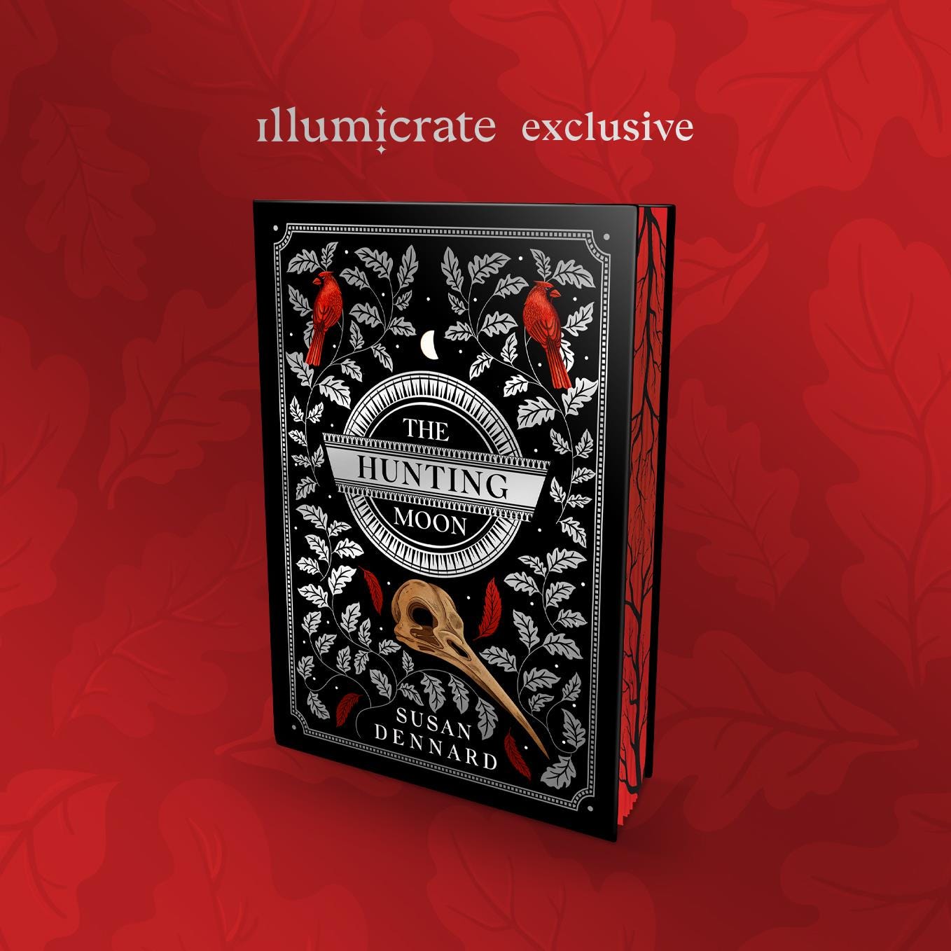 A graphic showing the Illumicrate edition of The Hunting Moon with silver leaves and a hummingbird skull