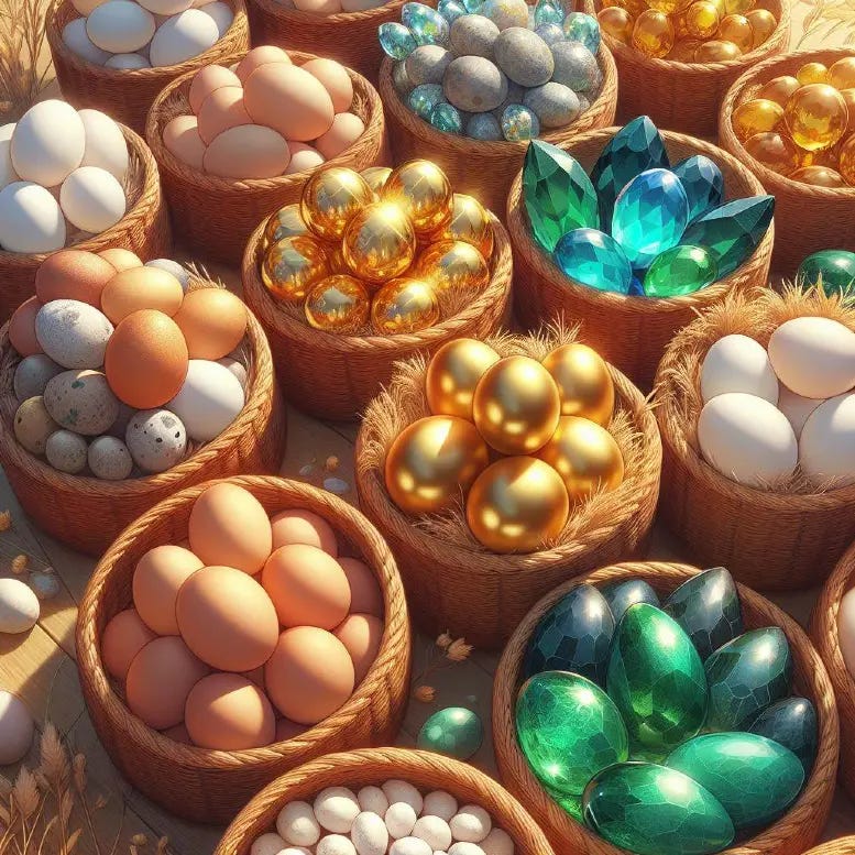 Different kinds of eggs in different baskets.