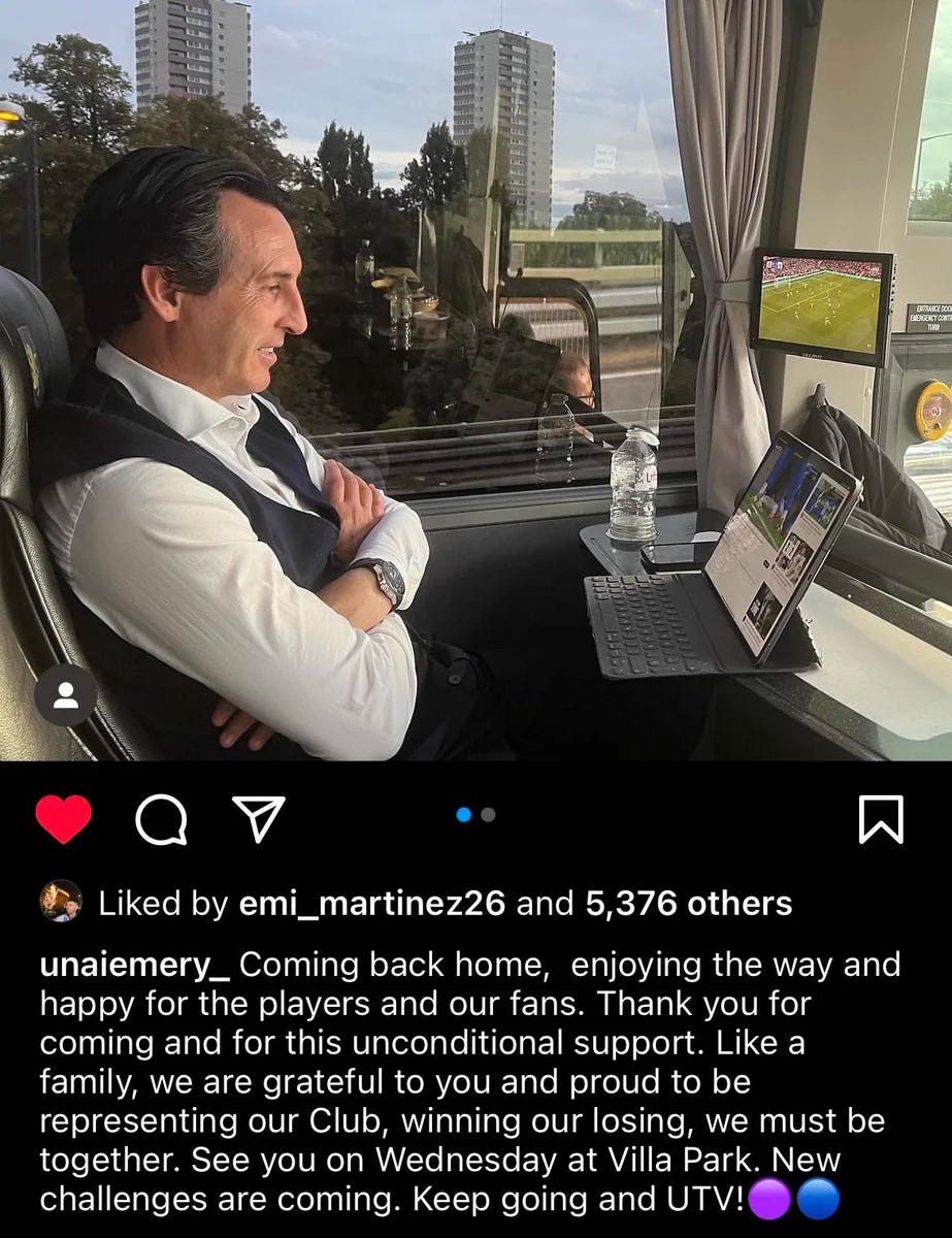 Unai Emery on Instagram: “Coming back home, enjoying the way and happy for the players and our fans. Thank you for coming and for this unconditional support. Like a family, we are grateful to you and proud to be representing our Club, winning or losing, we must be together. See you on Wednesday at Villa Park. New challenges are coming. Keep going and UTV!”